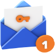 Email envelope icon with orange key symbol and blue notification badge.